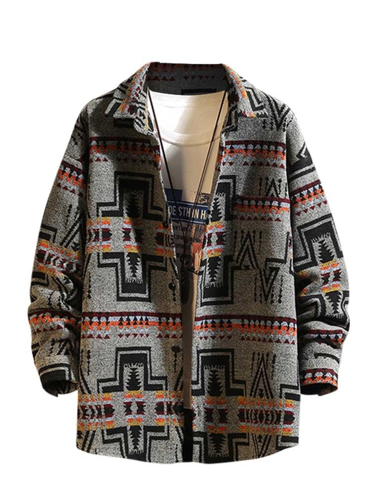 Mens Jackets Wool Blend Aztec Print Coats Vintage Jacket Shirt with Pocket Streetwear Shacket Fall Winter Warm