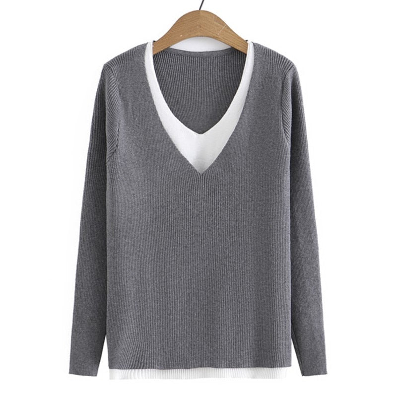 Sweater Ladies Fashion Contrast Splice V-Neck Jumper Women Autumn Winter Basic Style Slim Knitted Pullovers