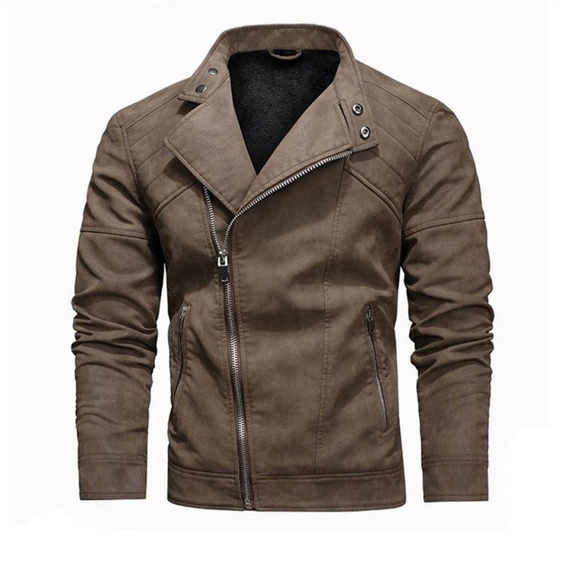 Men Leather Jacket Big Lapels Slanted-fly Zipped Chunky Jacket Male New Winter Stand Coats for Men