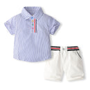 Children gentleman summer clothes striped short sleeve tops + white shorts 2 pcs clothing sets for kids baby boys party suits