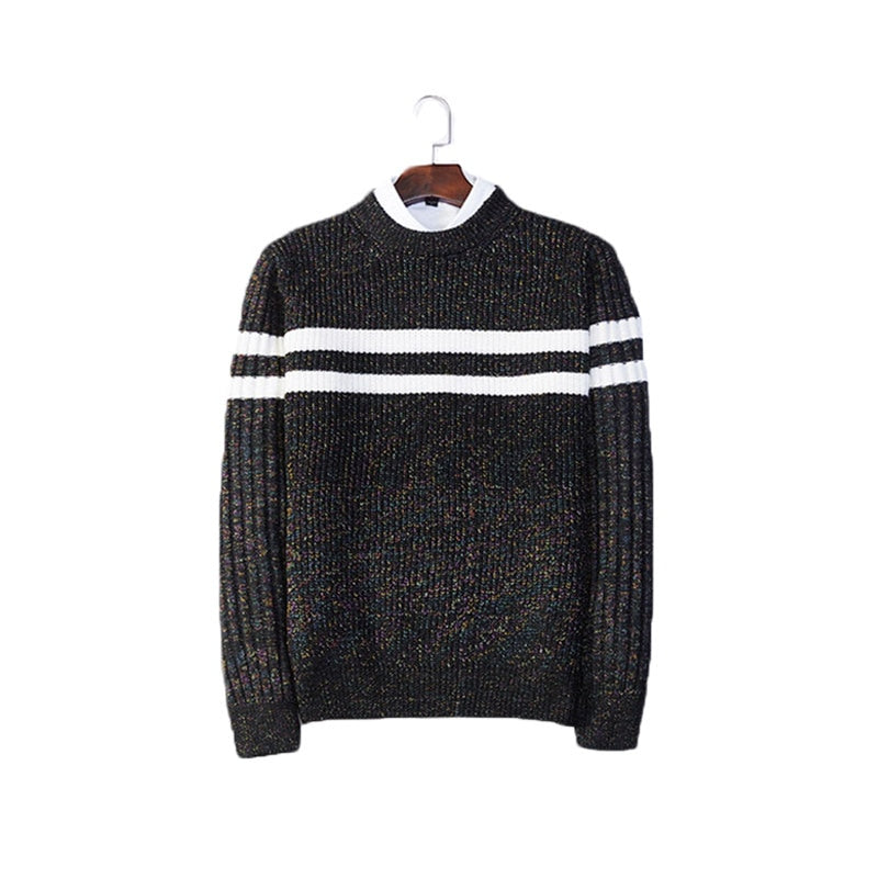 Men Vintage Knit Sweater Spring and Autumn Fashion Striped Patchwork Top Casual  Pullover Sweaters Men Clothing