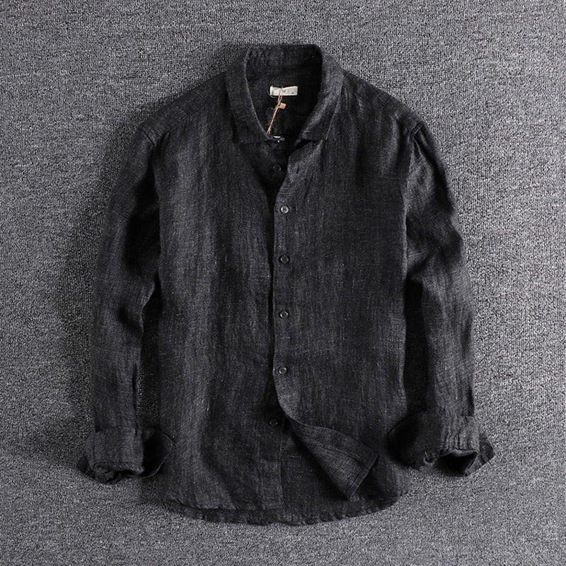 Men Linen Shirt Retro Distressed Long Sleeve Solid Dark Grey Gentlemen Loose