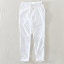 Summer Men Solid Simple Casual Thin Natural Cotton Linen Pants Elastic Waist Drawstring White Beach Trousers