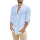 Men Long-Sleeved Shirts Summer Solid Stand-Up Collar Casual Beach Style