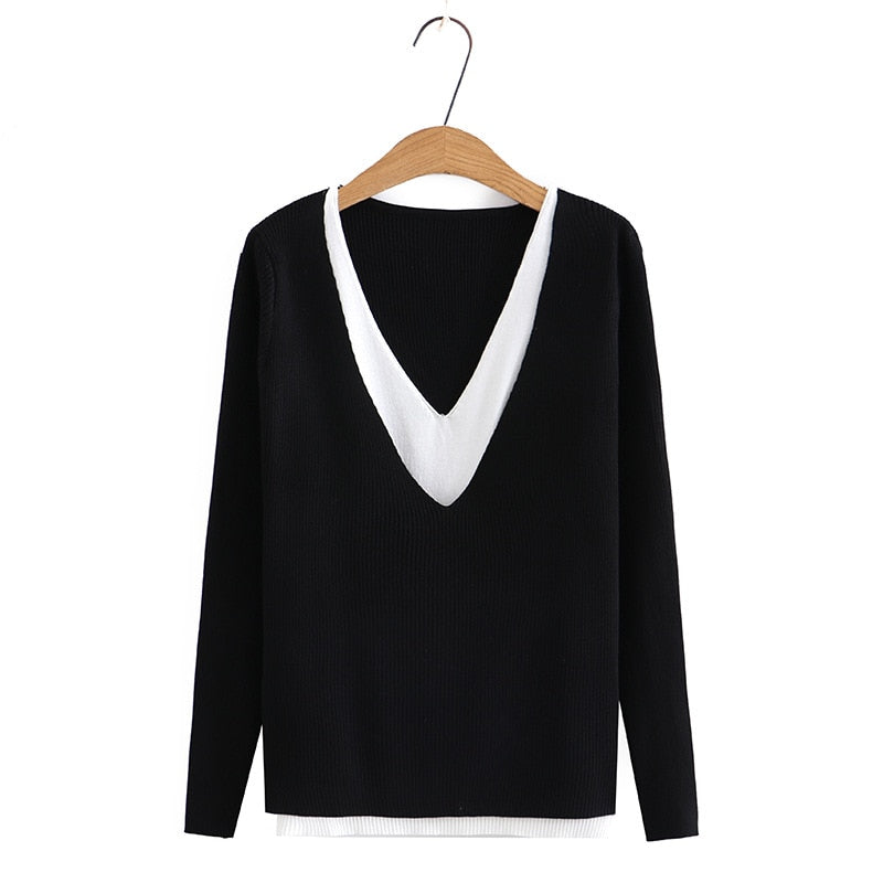 Sweater Ladies Fashion Contrast Splice V-Neck Jumper Women Autumn Winter Basic Style Slim Knitted Pullovers