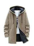 Fleece-lined Sweatercoat for Men Zipper Long Hooded Cardigan Solid Thicken Outerwear Fall Winter Warm Jackets Sweater