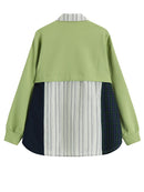 Women Green Striped Blouse New Lapel Long Sleeve Loose Fit Shirt Spring Autumn