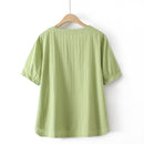 Women Clothing Cotton Jacquard Embroidery Button Tops Loose And Casual Curve Tee Summer