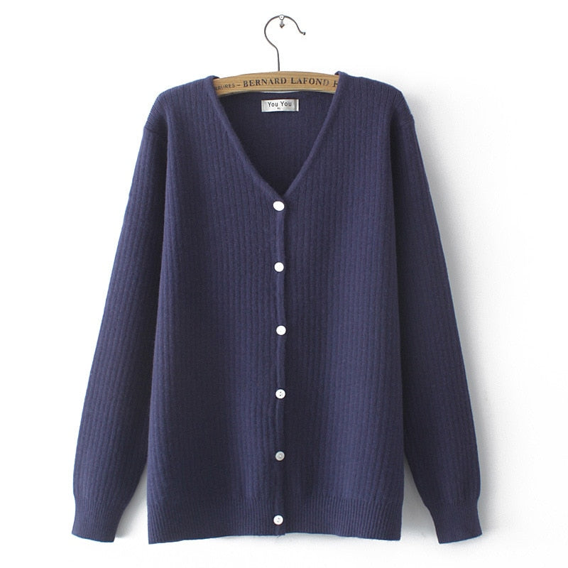 Women Knitted Cardigan Temperament Pure V-Neck Jumpers Autumn Basic Long Sleeve Curve Sweater