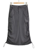 Womens Drawstring Patchwork Pockets Cargo Fashion High Waist Solid Split Loose Casual Skirts Spring