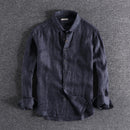 Men Linen Shirt Retro Distressed Long Sleeve Solid Dark Grey Gentlemen Loose