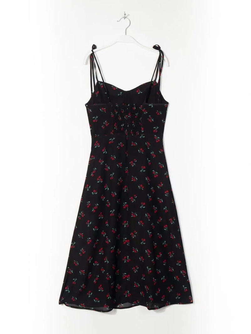 France Sexy Spaghetti Forking Party Dress Indie Folk vintage Cherry Suspender Dress Women