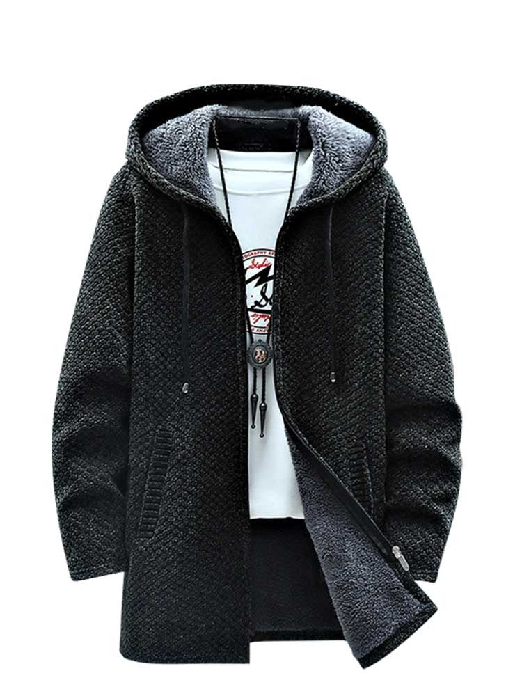 Fleece-lined Sweatercoat for Men Zipper Long Hooded Cardigan Solid Thicken Outerwear Fall Winter Warm Jackets Sweater