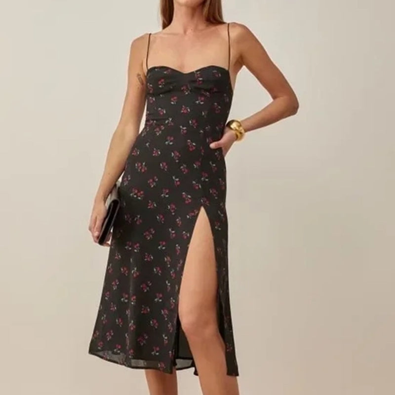 France Sexy Spaghetti Forking Party Dress Indie Folk vintage Cherry Suspender Dress Women