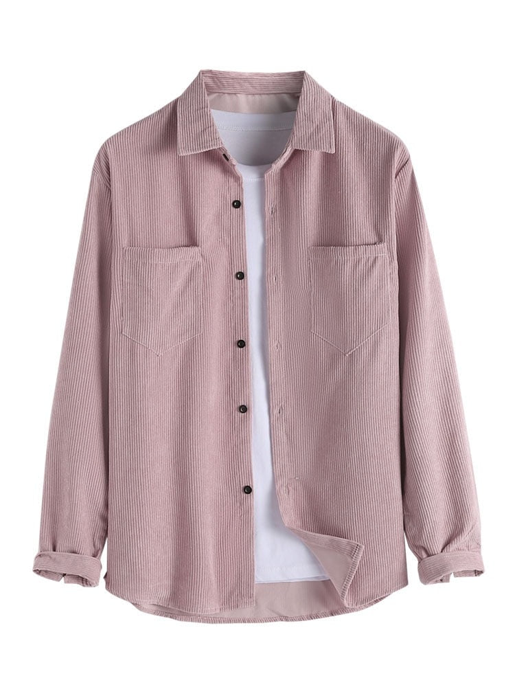 Men Shirts Corduroy Long Sleeves Shirt with Pocket Fall Winter Solid Shacket Vintage Streetwear Blouse Tops Unisex Style