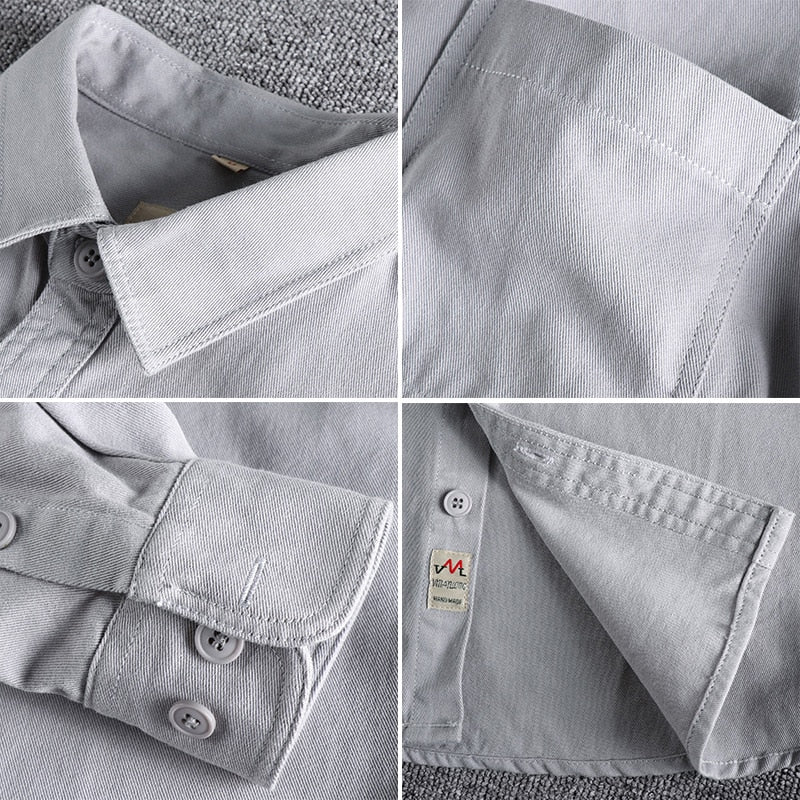 Twill Cotton Cargo Shirt For Men America Style Simple Casual Loose Overalls Blouse Pocket Long Sleeve Vintage Versatile Male Top