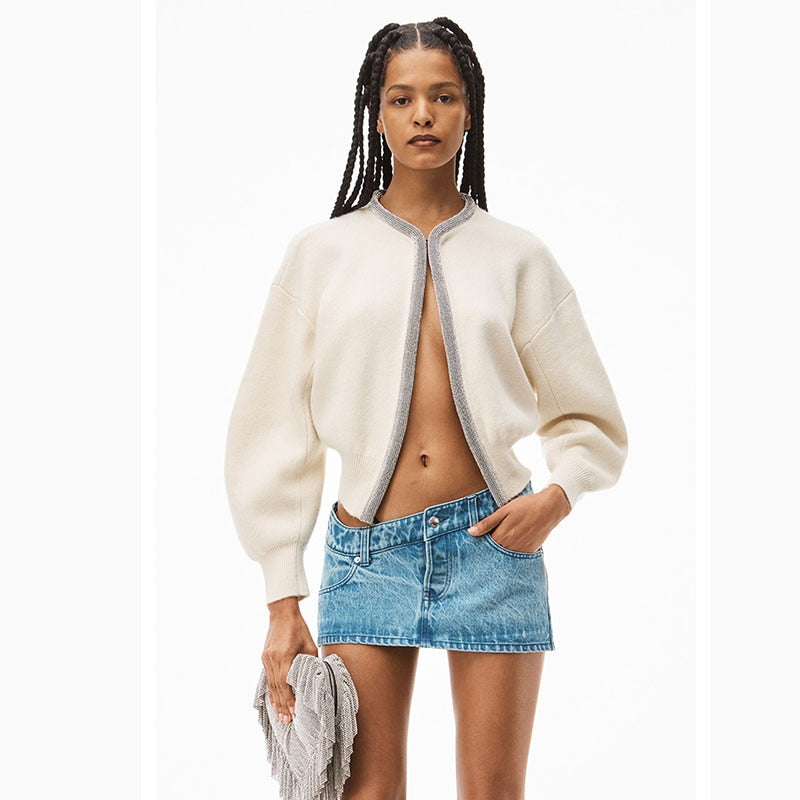 Women Crystal Front Wool Short Rhinestone Cardigan High Quality Knitted Top Shines Winter Sweater Clothing