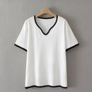 T-Shirt For Women Clothes Casual Ice Silk Knitted Tops Peach Collar Contrast Tee Summer