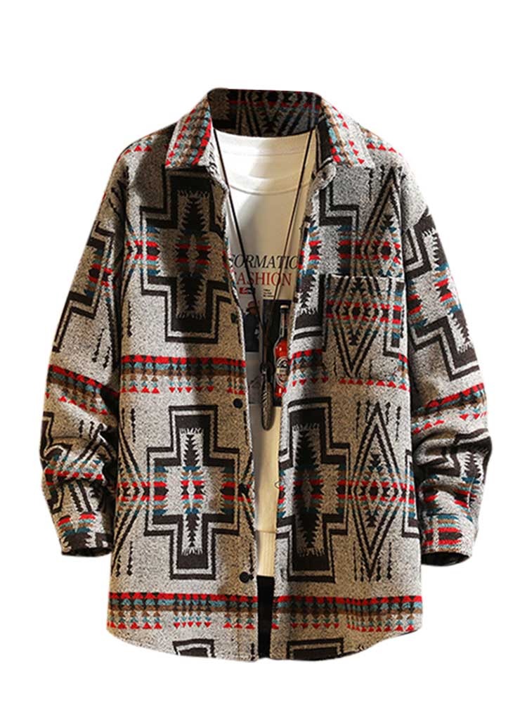 Mens Jackets Wool Blend Aztec Print Coats Vintage Jacket Shirt with Pocket Streetwear Shacket Fall Winter Warm