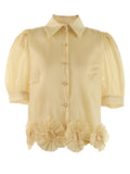 Women Apricot Flower Thin Elegant Blouse Lapel Short Puff Sleeve Loose Fit Shirt Spring