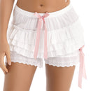 Womens Lace Trim Frilly Bloomers Bowknot Shorts Femme Ruffled Tiered Shorts Elastic Waistband Panties Party Costume