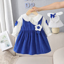 Autumn and Winter Kids Clothing Baby Girl Sets Plus Velvet Infant White Tops Blue Suspenders Dress Suit Children Clothes