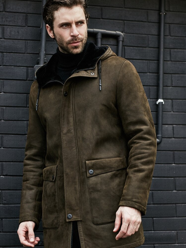 Winter Fur One Men Clothing Original Genuine Leather Men Real Coat Long Hooded Overcoat