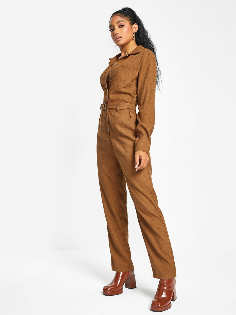 Corduroy Buckle-belted Shirt-style Jumpsuit Solid Long Sleeves Overalls Fall Outfits Women