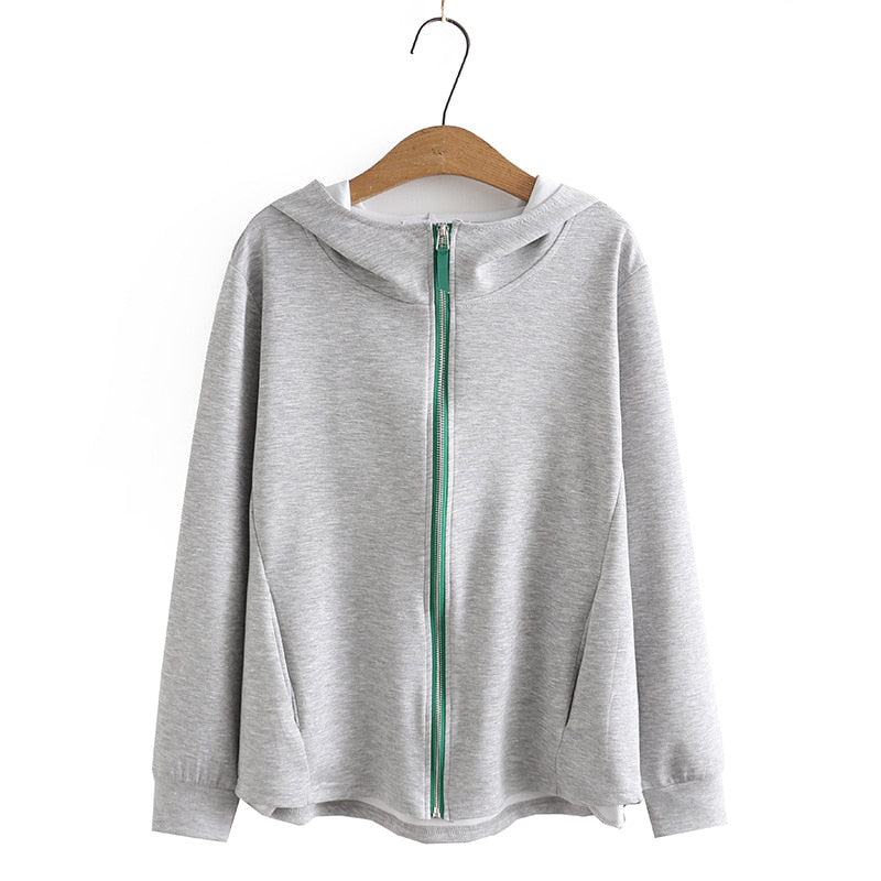 Hoodies Women Clothing Stretch Solid Color Tops Hooded Zipper Asymmetrical Length Sweatshirt Autumn