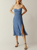 Summer Clothes For Women Dresses Vintage Style Elegant Polka Dot Dress Spaghetti Strap Self Tie Side Slit Midi Dress Sundress