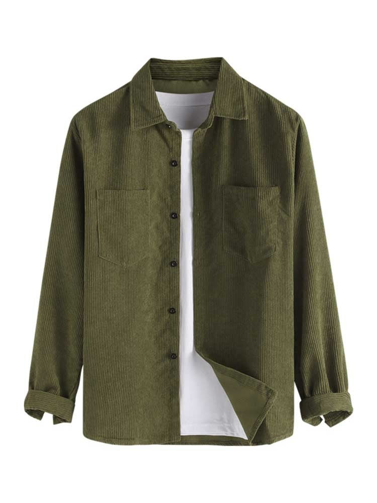Men Shirts Corduroy Long Sleeves Shirt with Pocket Fall Winter Solid Shacket Vintage Streetwear Blouse Tops Unisex Style