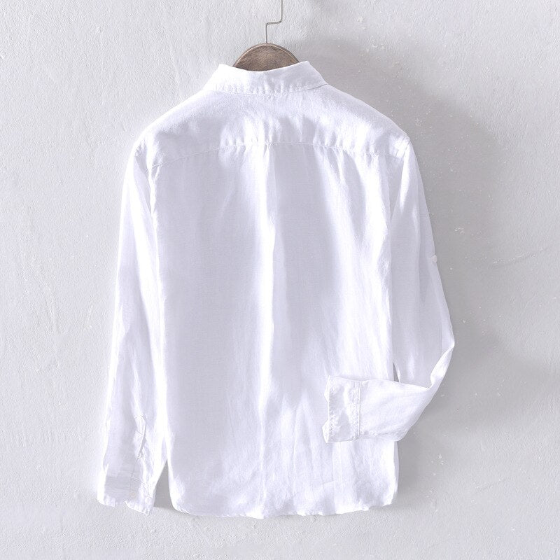 Shirt for Men Long Sleeve Casual White Button Shirt Tops Male Pure Linen Vintage Solid Turn-down Collar Clothing