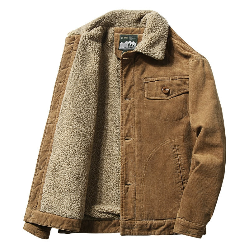 Warm Corduroy Mens Jackets Winter Coats Fur Collar Pockets Military Jacket Casual Jacket Outwear Male Thermal Army Black Brown