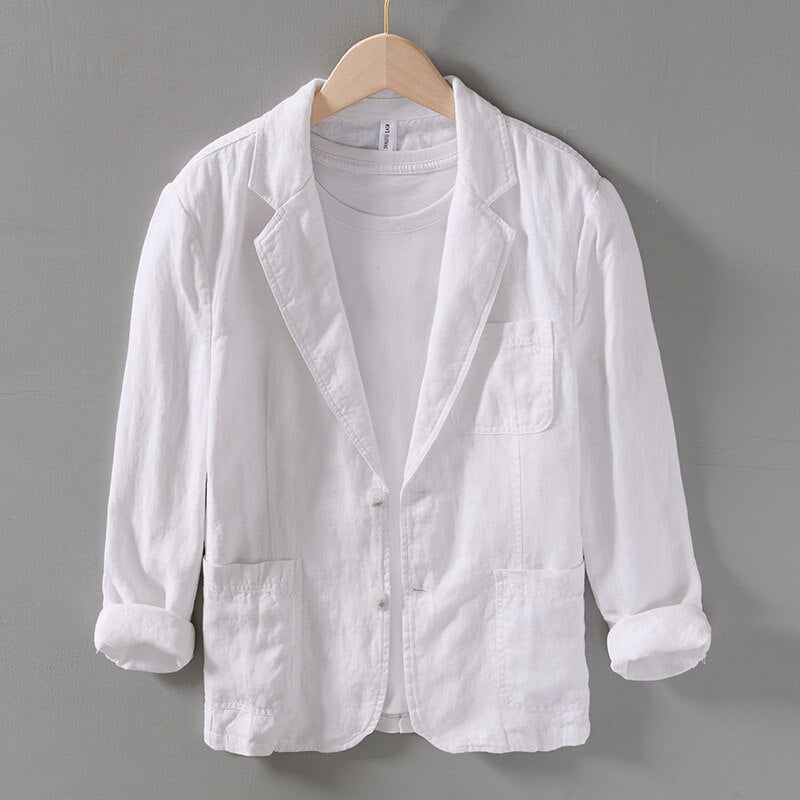 Spring Summer Men Solid Single Button Linen Blazers Style High Quality Retro Casual Daily Suit