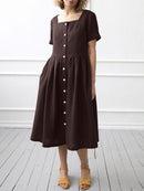 Short Sleeve Dress Women Solid Square Collar Sundress Office Robe Summer Elegant A Line