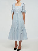 Elegant Dresses For Women Square Collar Short Sleeve Backless High Waist Spliced Bowknot Dress Female Clothes Summer