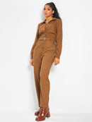 Corduroy Buckle-belted Shirt-style Jumpsuit Solid Long Sleeves Overalls Fall Outfits Women