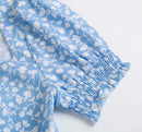 Vintage Blue Floral Summer French Style Indie Folk Square Collar Sexy Beach Forking Midi Dress Women
