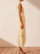 Sleeveless Temperment Dresses For Women Stand Collar High Waist A Line Folds Midi Dress Female Summer