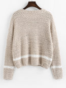Contrast Trim Textured Boucle Knit Sweater Women Drop Shoulder Round Neck Pullover Spring Autumn Long Sleeve Jumper Casual