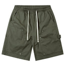 American Style Washed Solid Color Knee-length Shorts Casual Short Pants Mens Summer Loose Drawstring Elastic Waist Multi-Pocket