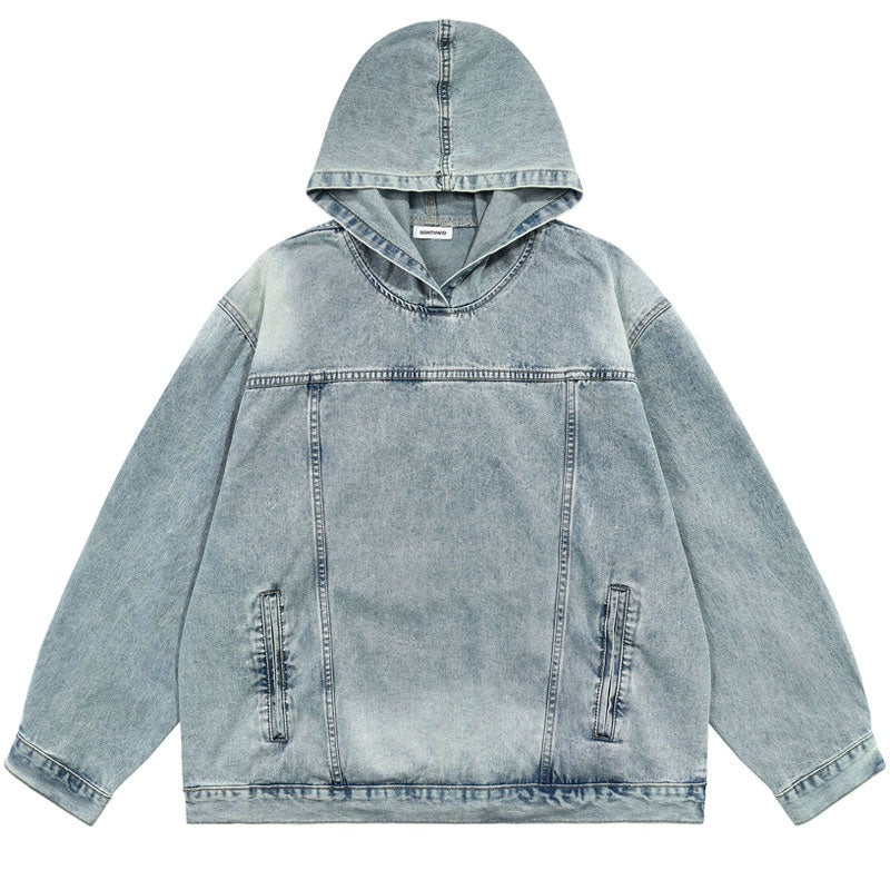 Men Vintage Hooded Denim Jacket Streetwear Hip Hop Solid Distressed Pullover Coat Casual Loose Jackets