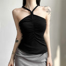 Goth Dark Tie Ruched Mall Gothic Casual Camisoles Grunge Style Bodycon Ribbed Basic Crop Tops Women Sexy Backless Summer Clothes