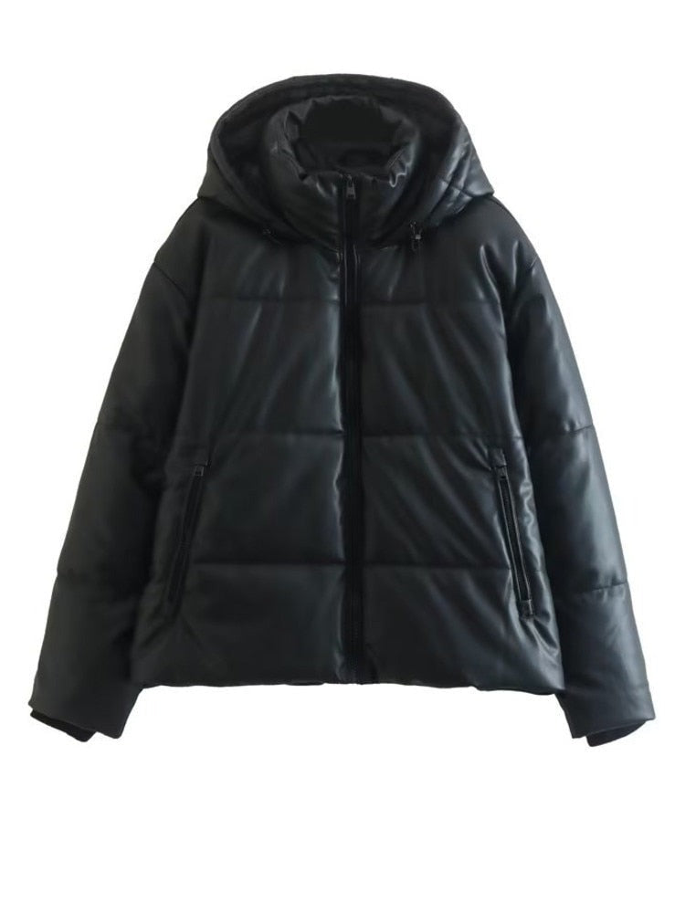 Winter women clothes leather cotton padded coat hoodies pocket coat female top