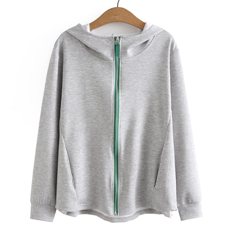 Hoodies Women Clothing Stretch Solid Color Tops Hooded Zipper Asymmetrical Length Sweatshirt Autumn