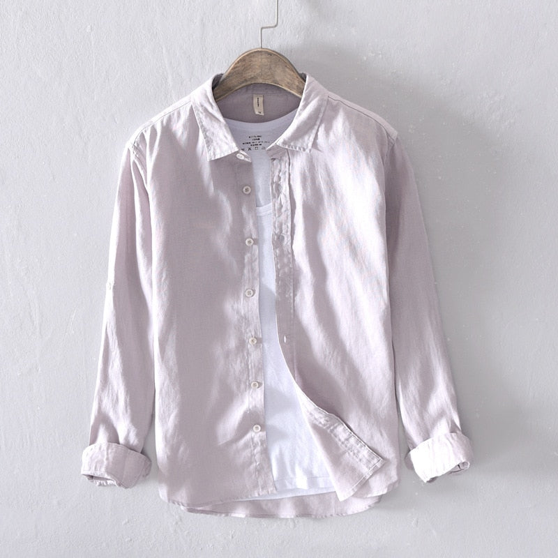 Shirt for Men Long Sleeve Casual White Button Shirt Tops Male Pure Linen Vintage Solid Turn-down Collar Clothing