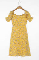 Summer Elegant Yellow Floral Dress Women French Vintage Chiffon Jacquard Weave Sexy Dress