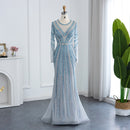 Luxury Dubai Blue Mermaid Evening Dress with Belt Long Sleeves Beaded Women Wedding Formal Party Gowns