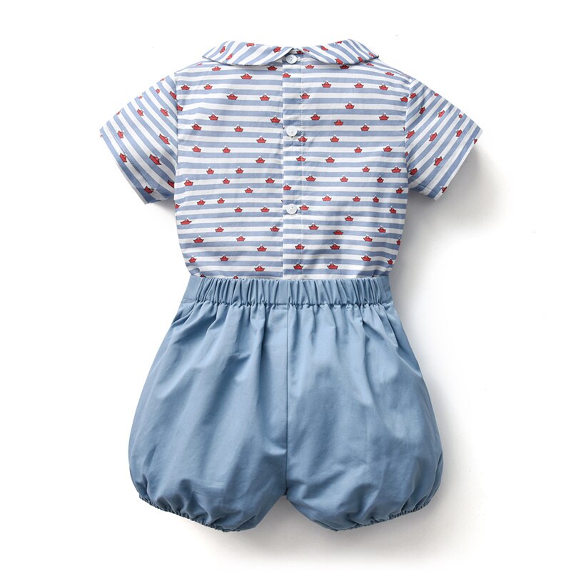 Baby Boy Spanish Clothes Set Children Summer Cotton Outfits Striped Tops Shirt Peter Pan Collar Blue Shorts Pants