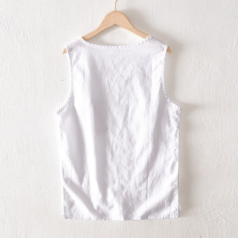 Summer Vintage Sleeveless Men Cotton Linen Thin Vest Gym Workout Waistcoat Outdoor Casual Tanks
